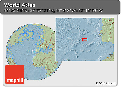 Savanna Style Location Map of the Area around 37°&nbsp;42'&nbsp;7"&nbsp;N,&nbsp;12°&nbsp;40'&nbsp;30"&nbsp;W, hill shading