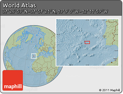 Savanna Style Location Map of the Area around 37°&nbsp;42'&nbsp;7"&nbsp;N,&nbsp;12°&nbsp;40'&nbsp;30"&nbsp;W, hill shading