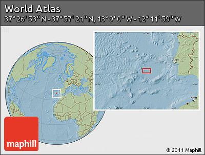 Savanna Style Location Map of the Area around 37°&nbsp;42'&nbsp;7"&nbsp;N,&nbsp;12°&nbsp;40'&nbsp;30"&nbsp;W, hill shading