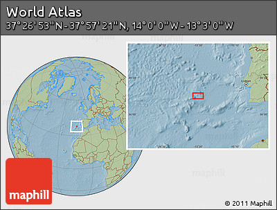 Savanna Style Location Map of the Area around 37°&nbsp;42'&nbsp;7"&nbsp;N,&nbsp;13°&nbsp;31'&nbsp;30"&nbsp;W, hill shading
