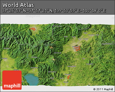 Satellite 3D Map of the Area around 37° 42' 7" N, 140° 19' 29" E