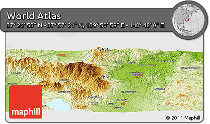 Physical Panoramic Map of the Area around 37° 42' 7" N, 140° 19' 29" E