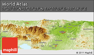 Physical Panoramic Map of the Area around 37° 42' 7" N, 140° 19' 29" E