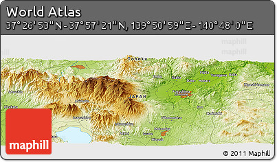 Physical Panoramic Map of the Area around 37° 42' 7" N, 140° 19' 29" E
