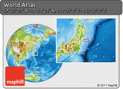 Physical Location Map of the Area around 37° 42' 7" N, 142° 1' 30" E