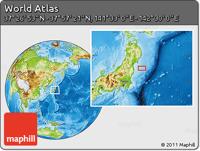 Physical Location Map of the Area around 37° 42' 7" N, 142° 1' 30" E