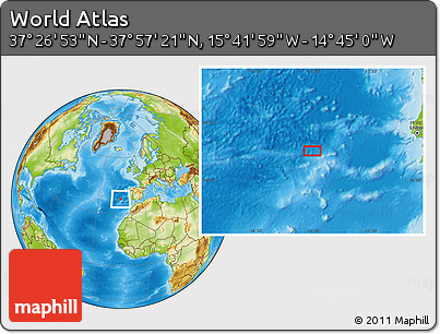 Physical Location Map of the Area around 37° 42' 7" N, 15° 13' 29" W