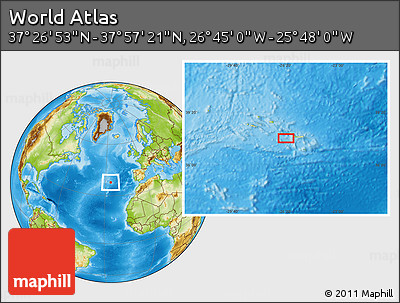 Physical Location Map of the Area around 37° 42' 7" N, 26° 16' 29" W