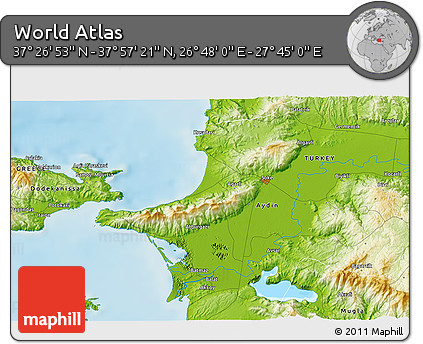 Physical 3D Map of the Area around 37° 42' 7" N, 27° 16' 29" E