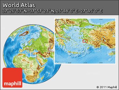 Physical Location Map of the Area around 37° 42' 7" N, 27° 16' 29" E