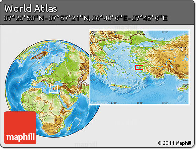 Physical Location Map of the Area around 37° 42' 7" N, 27° 16' 29" E