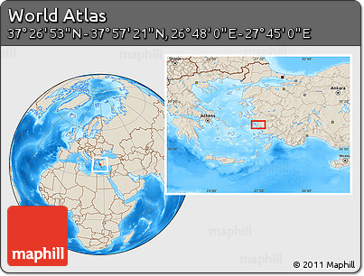 Shaded Relief Location Map of the Area around 37° 42' 7" N, 27° 16' 29" E