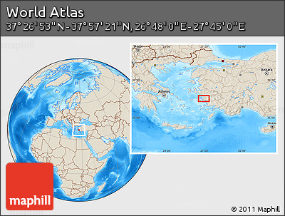 Shaded Relief Location Map of the Area around 37° 42' 7" N, 27° 16' 29" E
