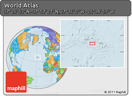 Political Location Map of the Area around 37° 42' 7" N, 27° 7' 30" W