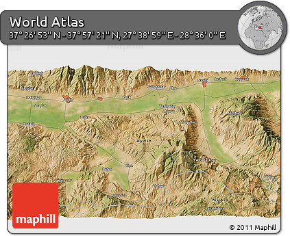 Satellite 3D Map of the Area around 37° 42' 7" N, 28° 7' 30" E