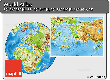 Physical Location Map of the Area around 37° 42' 7" N, 28° 7' 30" E