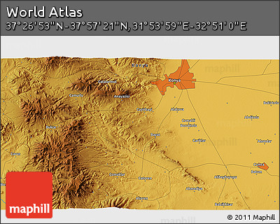 Physical 3D Map of the Area around 37° 42' 7" N, 32° 22' 30" E