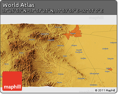 Physical 3D Map of the Area around 37° 42' 7" N, 32° 22' 30" E