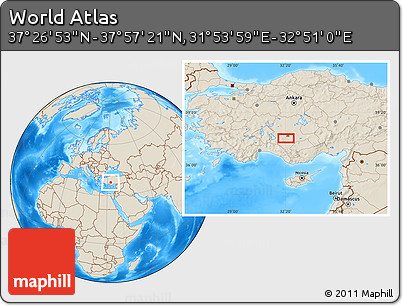 Shaded Relief Location Map of the Area around 37° 42' 7" N, 32° 22' 30" E