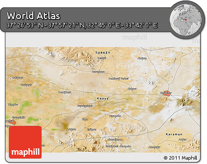 Satellite 3D Map of the Area around 37° 42' 7" N, 33° 13' 30" E
