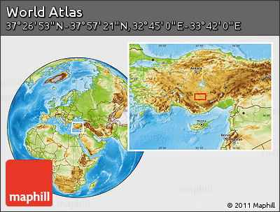 Physical Location Map of the Area around 37° 42' 7" N, 33° 13' 30" E
