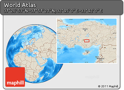 Shaded Relief Location Map of the Area around 37° 42' 7" N, 33° 13' 30" E