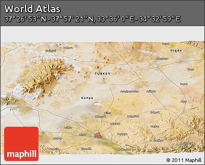 Satellite 3D Map of the Area around 37° 42' 7" N, 34° 4' 30" E