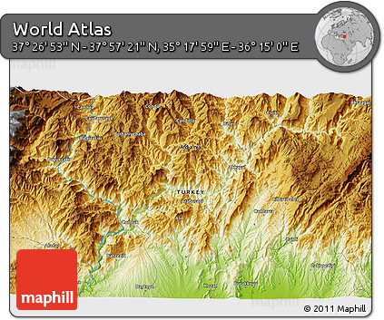 Physical 3D Map of the Area around 37° 42' 7" N, 35° 46' 29" E