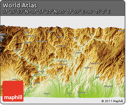 Physical 3D Map of the Area around 37° 42' 7" N, 35° 46' 29" E