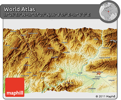 Physical 3D Map of the Area around 37° 42' 7" N, 36° 37' 30" E