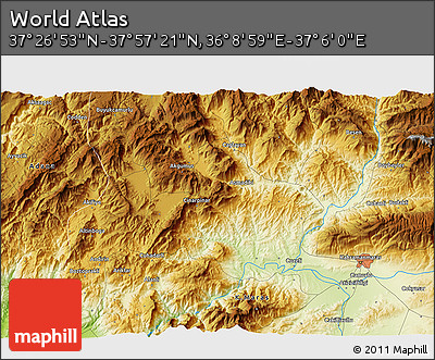 Physical 3D Map of the Area around 37° 42' 7" N, 36° 37' 30" E