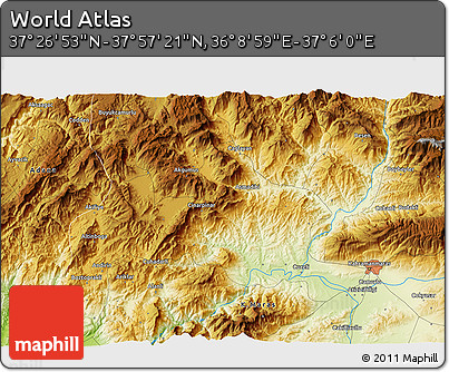 Physical 3D Map of the Area around 37° 42' 7" N, 36° 37' 30" E