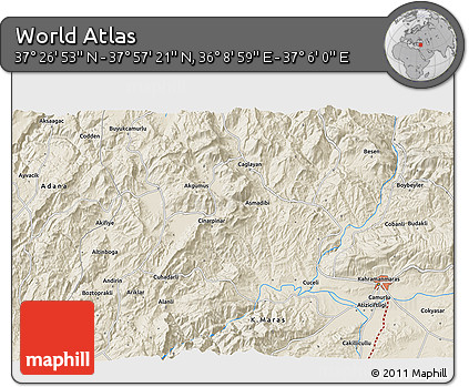 Shaded Relief 3D Map of the Area around 37° 42' 7" N, 36° 37' 30" E