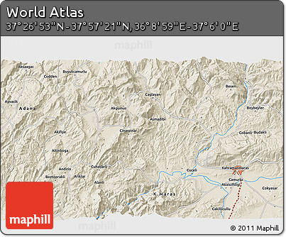 Shaded Relief 3D Map of the Area around 37° 42' 7" N, 36° 37' 30" E