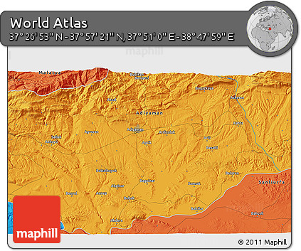 Political 3D Map of the Area around 37° 42' 7" N, 38° 19' 30" E