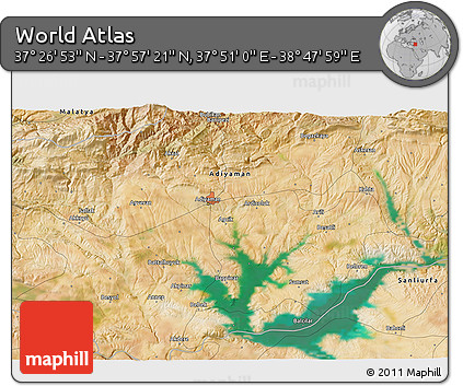 Satellite 3D Map of the Area around 37° 42' 7" N, 38° 19' 30" E