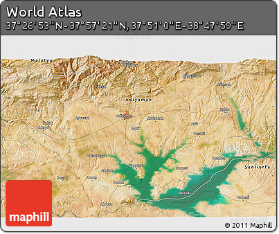 Satellite 3D Map of the Area around 37° 42' 7" N, 38° 19' 30" E