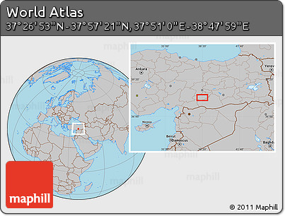 Gray Location Map of the Area around 37° 42' 7" N, 38° 19' 30" E