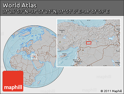 Gray Location Map of the Area around 37° 42' 7" N, 38° 19' 30" E, hill shading