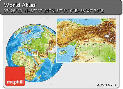 Physical Location Map of the Area around 37° 42' 7" N, 38° 19' 30" E