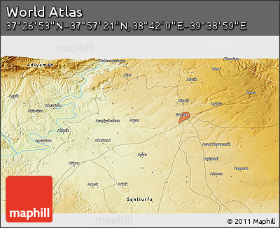 Physical 3D Map of the Area around 37° 42' 7" N, 39° 10' 29" E