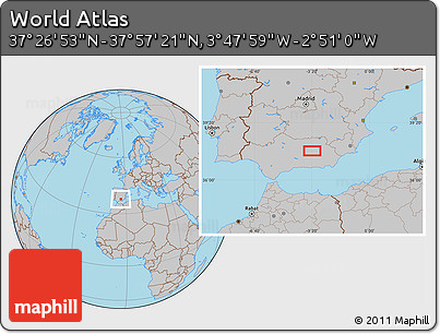 Gray Location Map of the Area around 37° 42' 7" N, 3° 19' 30" W