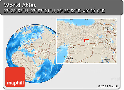 Shaded Relief Location Map of the Area around 37° 42' 7" N, 40° 1' 29" E