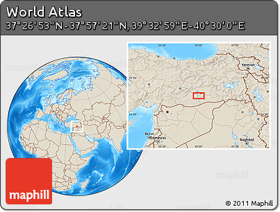 Shaded Relief Location Map of the Area around 37° 42' 7" N, 40° 1' 29" E