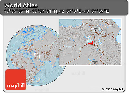 Gray Location Map of the Area around 37° 42' 7" N, 43° 25' 29" E, hill shading