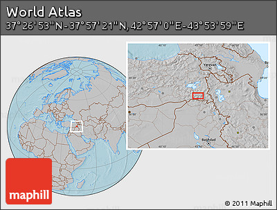 Gray Location Map of the Area around 37° 42' 7" N, 43° 25' 29" E, hill shading