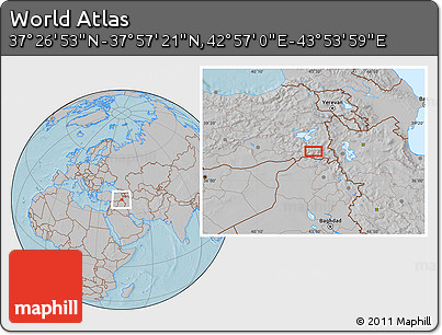 Gray Location Map of the Area around 37° 42' 7" N, 43° 25' 29" E, hill shading
