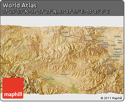 Satellite 3D Map of the Area around 37° 42' 7" N, 44° 16' 29" E