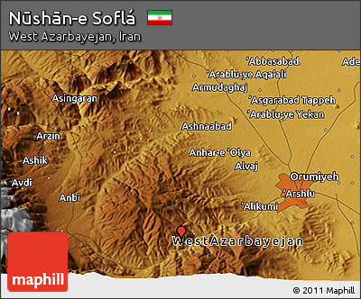 Physical 3D Map of Nūshān-e Soflá