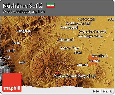 Physical 3D Map of Nūshān-e Soflá